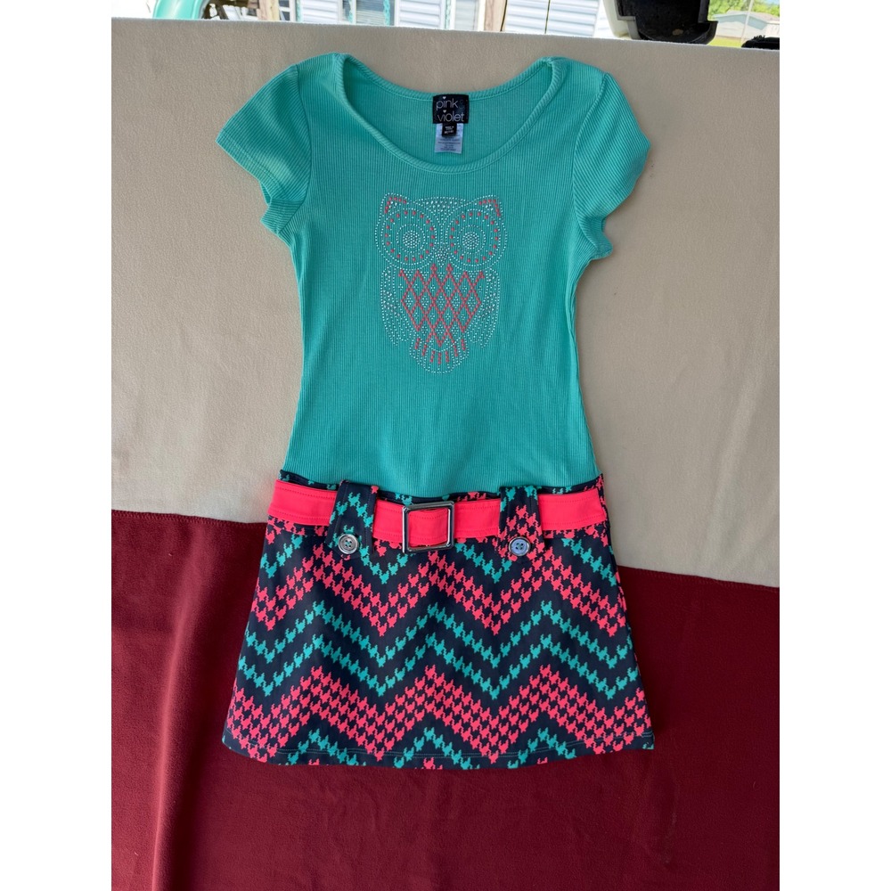 Pink Violet Girls Teal Owl Rhinestone Chevron Belted Dress Size M 7/8